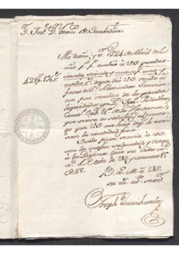 Recibo de una cantidad de dinero remitido por José de Escorihuela a Francisco de Saavedra