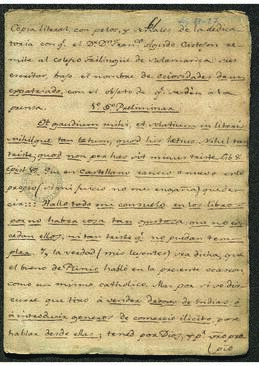 Dedicatoria de Francisco Agudo Castejón en su obra titulada: Ociosidades de un expatriado, remitida al Colegio Trilingüe de Salamanca