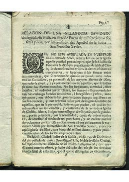Relación de una milagrosa sanidad conseguida en Sicilia el 7 de enero de 1762, por intercesión de San Francisco Javier
