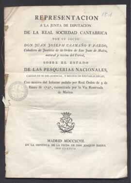 Representación a la Junta de Diputación de la Real Sociedad Cantábrica por su socio Juan José Caamaño y Pardo, en la que detalla el estado de las pesquerías nacionales, causas de su decadencia y medios de restablecerlas