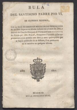 Bula, por la que se prohíbe el libro titulado: Atti, e decreti del Concilio Diocesano di Pistoja dell'anno 1786