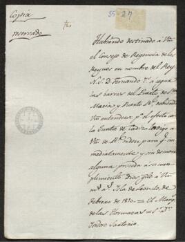 Real Orden del marqués de Hornazas a Isidro Sartorio, para que proceda a cegar las barras del Puerto de Santa María y Puerto Real