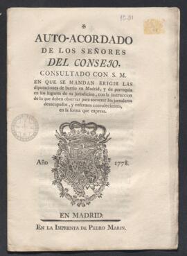 Auto del Consejo por el que se mandan erigen las diputaciones de barrio y de parroquia en Madrid