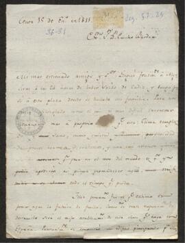 Carta de Francisco de Saavedra a Eusebio Bardaji, dando cuenta de su feliz llegada a Ceuta y proporcionando noticias de la fábrica de fusiles creada allí