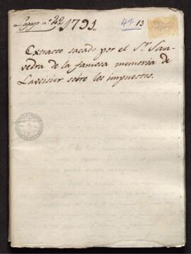 Extracto elaborado por Francisco Saavedra de las Obras: La riqueza del reino de Francias (Lavoisier); Compendio elemental de los principios de economía política (Garnier); Anales de la agricultura francesa (Fressier y Rougier-la-Bergerie); Ensayo sobre las ventajas que pueden sacarse de las nuevas colonias en las presentes circunstancias (Failleirand); La politique D'Aristote o la science des gouvernement: ouvrage traduit du grec avec des notes historiques et critiques (Champagne)